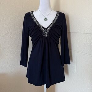 White House Black Market Top Women's Size S Blue 3/4 Sleeve V-Neck Beads Elegant
